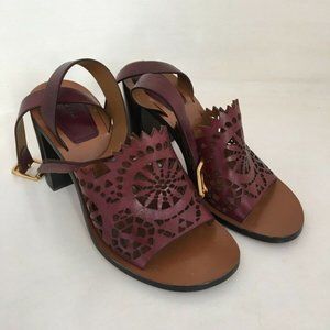 Chloé Kelby Burgundy Laser Cut Block Heel Sandals